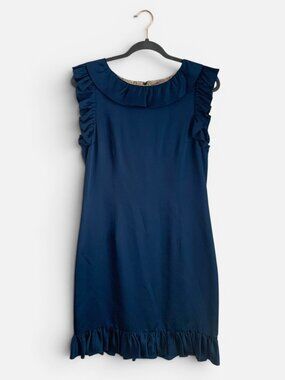 Anthropologie Ruffian Silk Ruffle Dress Navy Blue Shift Dress Size 8